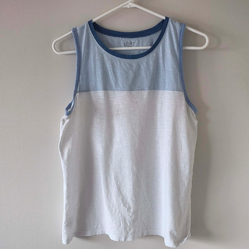Loft Outlet Blue White Colorblock Slub Knit Ringer Tank Top Womens Medium - Picture 2 of 6